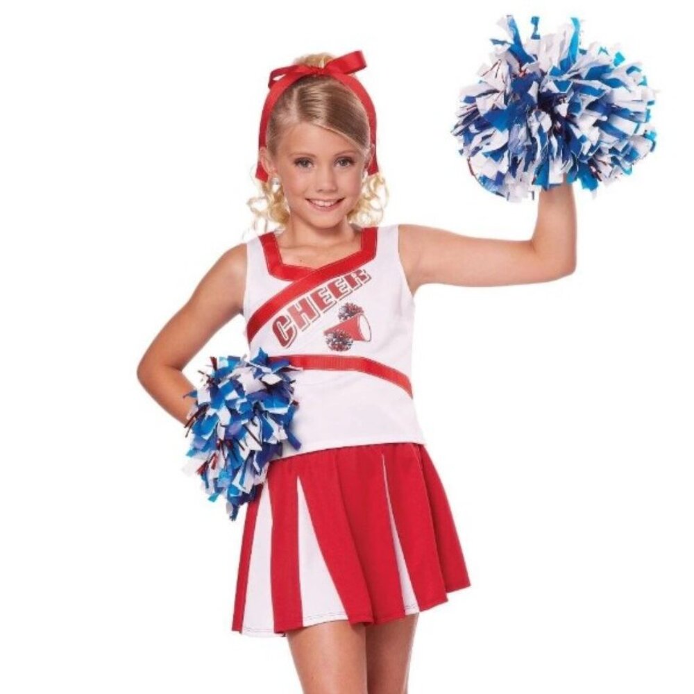 Cheerleader Skirt, Pom Poms & Hair Ties Halloween Costume 12/14 Red White NO TOP